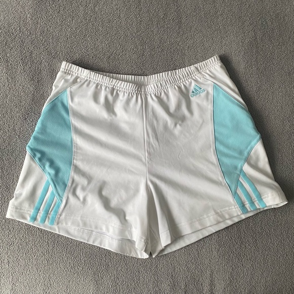 adidas Pants - ADIDAS WHITE AND BLUE GYM SHORTS